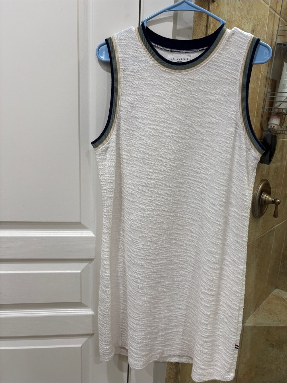 Sol Angeles White Textured Sleeveless Mini Dress with Navy and Olive Trim
